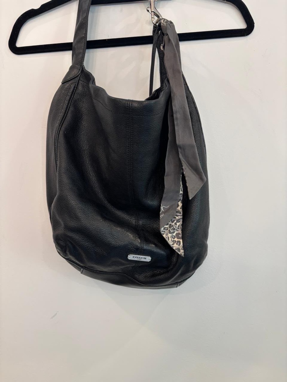 Coach Black Pebbled Leather Large Hobo Shoulder Bag Scarf Tassel #O20